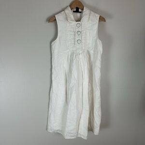 Size 12 Linen White Dress Midi Pintuck Shift Button Popover Preppy Natural Fiber